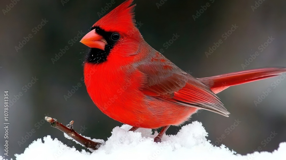A vibrant red cardinal perched on a branch in a snowy landscape. A vibrant red cardinal perched on a branch in a snowy landscape.