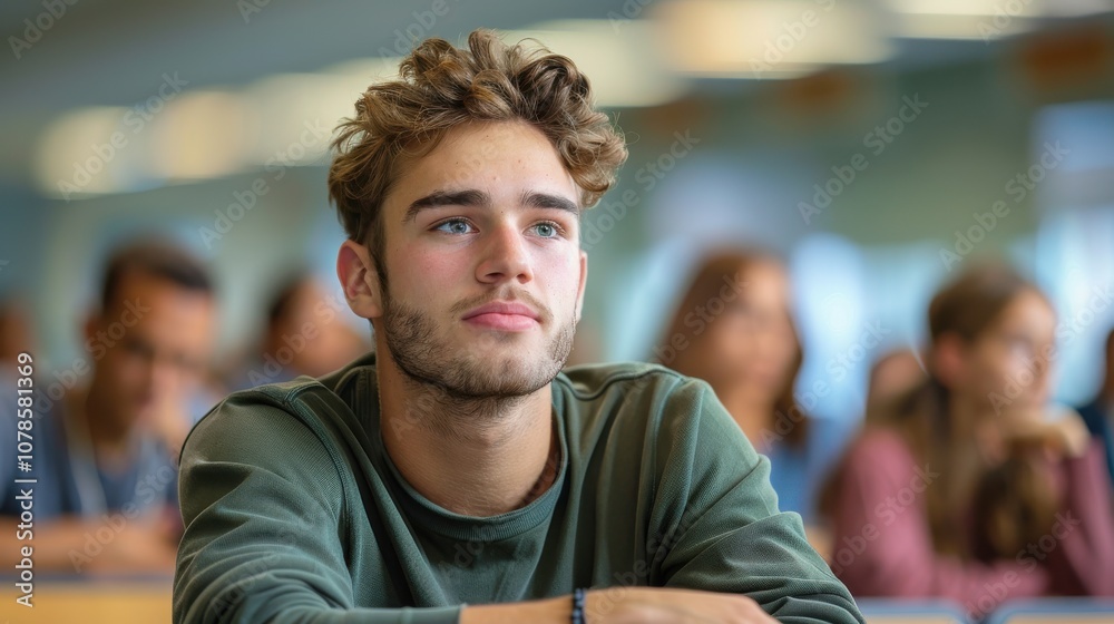 Fototapeta premium A bright and handsome young male student, radiating intelligence and focus, seated in a university classroom