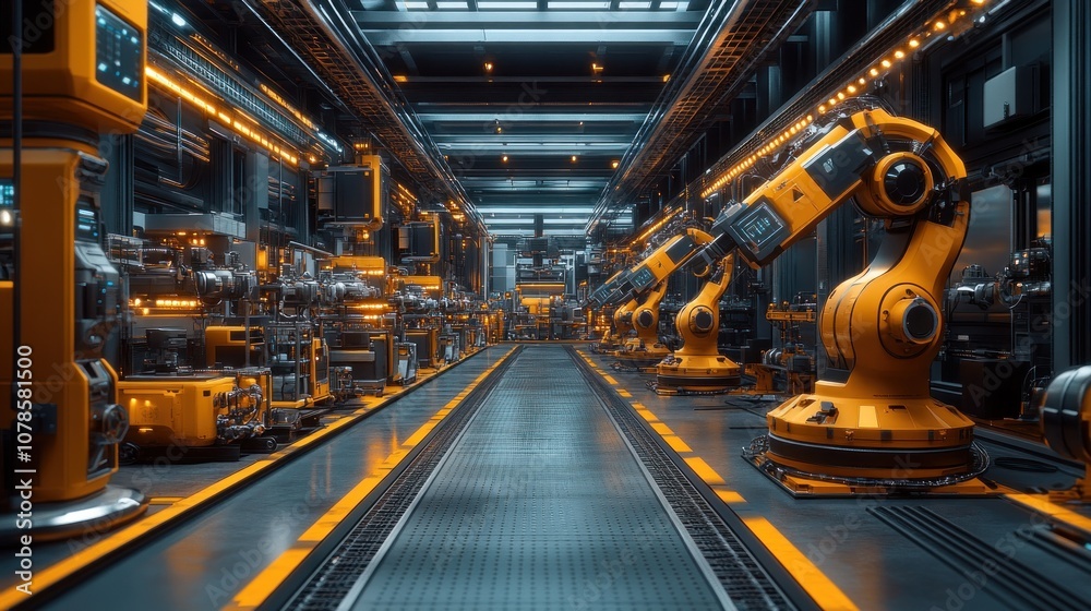 Industrial robotics assembly line with automated machinery. Industrial robotics assembly line with automated machinery.