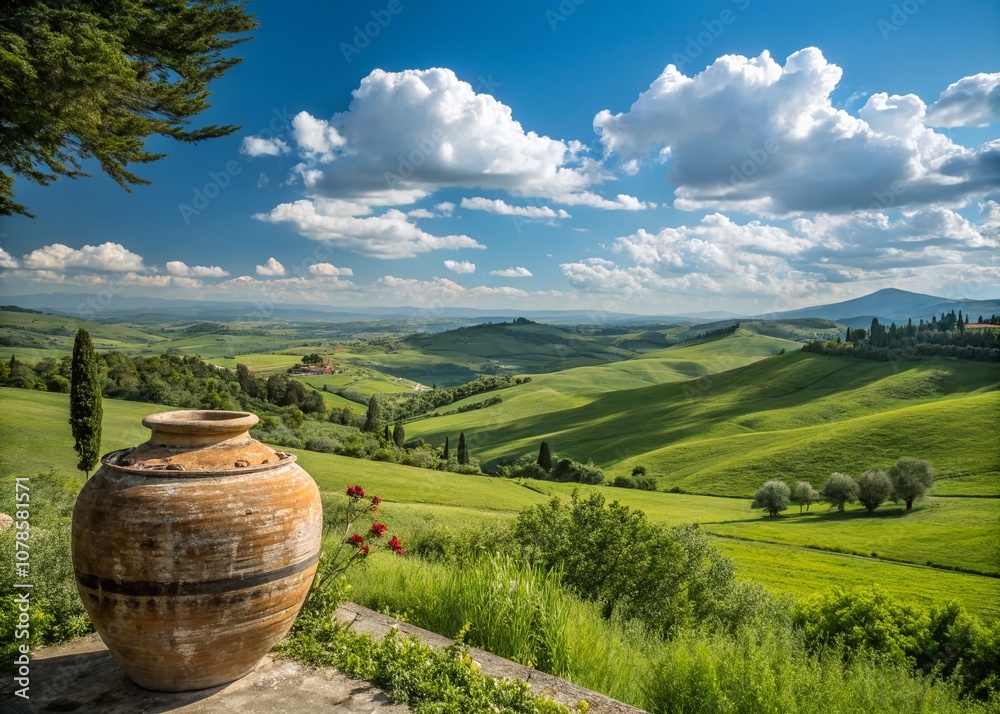 Serene Landscape Featuring a Rustic Ceramic Jar Amidst Lush Green Fields and Rolling Hills Under a Bright Blue Sky with Fluffy White Clouds Serene Landscape Featuring a Rustic Ceramic Jar Amidst Lush Green Fields and Rolling Hills Under a Bright Blue Sky with Fluffy White Clouds