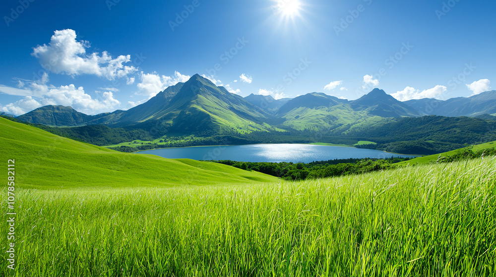 Fototapeta premium Landscape background wallpaper Lush green hills surround serene lake, framed by majestic mountains under bright blue sky. vibrant landscape evokes sense of tranquility and natural beauty