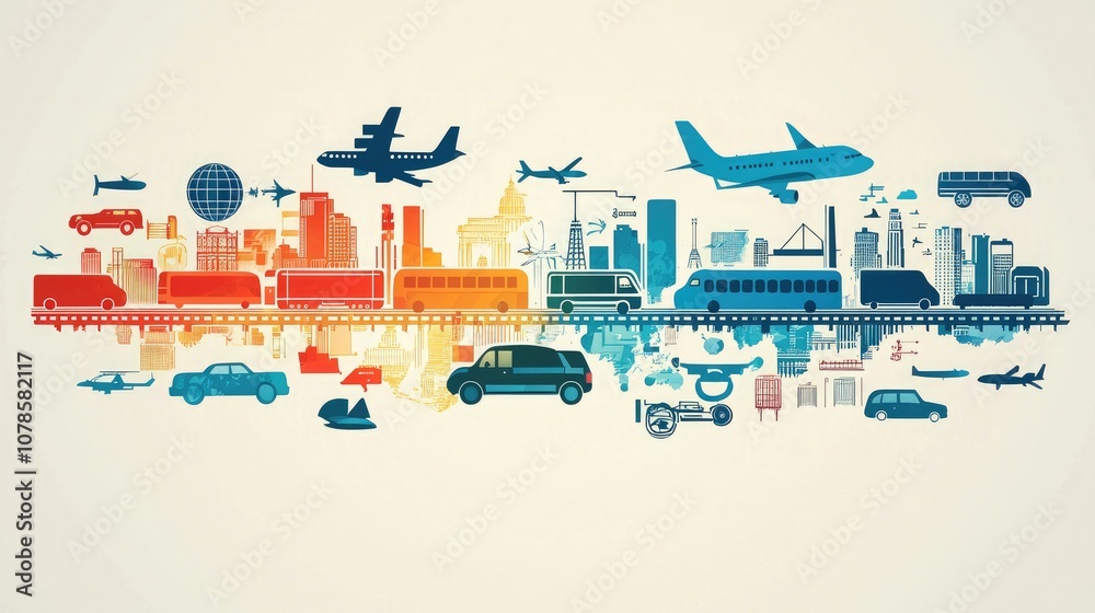 Naklejka premium An abstract transportation background featuring icons of cars, planes, and trains in a modern design. 