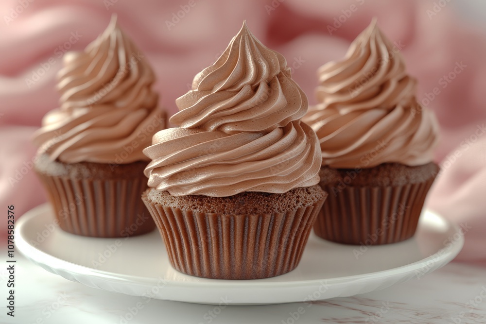 Chocolate cupcakes topped with swirls of mocha frosting set against a soft pink background showcasing sweet indulgence and bakery artistry Chocolate cupcakes topped with swirls of mocha frosting set against a soft pink background showcasing sweet indulgence and bakery artistry