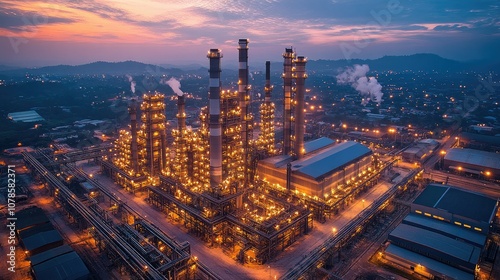 Wallpaper Mural An aerial view of a large industrial complex at dusk with smoke stacks and lights. Torontodigital.ca