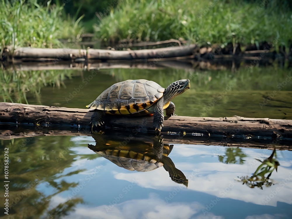 Fototapeta premium Turtle perched on a log in a pond with reflection in the water