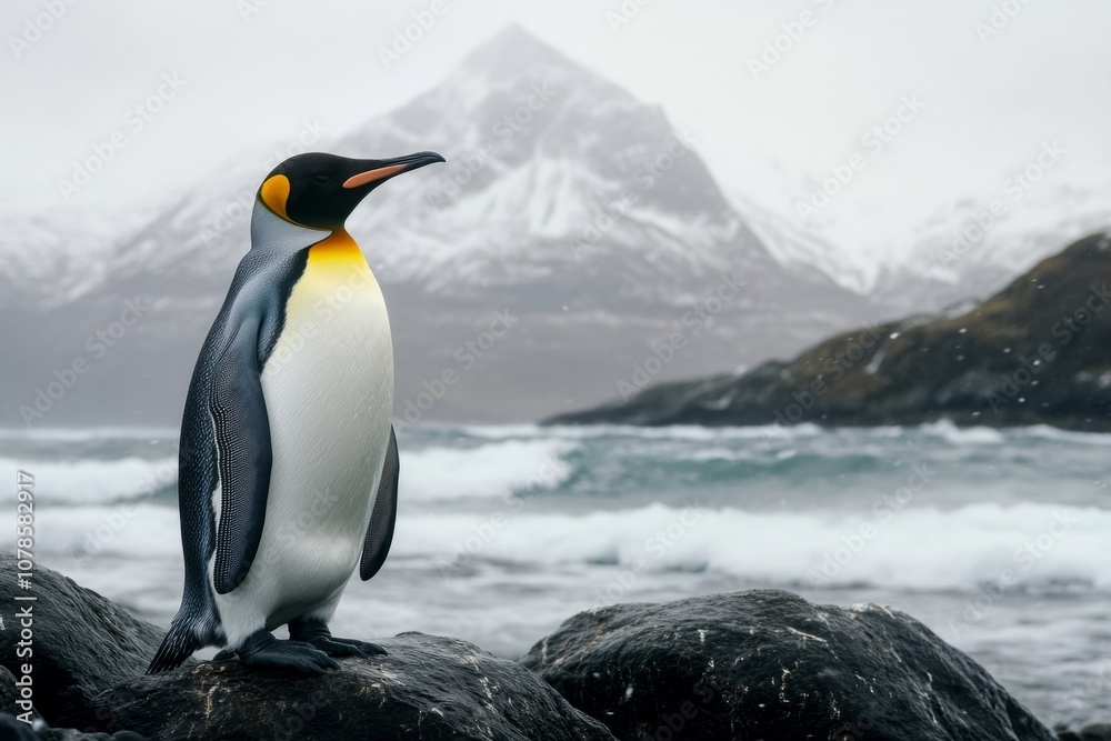 Fototapeta premium A majestic penguin stands proudly on rocky shores. Snow-capped mountains rise in the background. The scene captures the beauty of nature and wildlife. Generative AI.