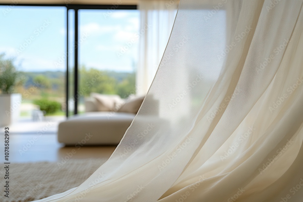 A stylish mosquito net adorns a panoramic window, offering an unobstructed view of a spacious living room. Minimalistic furniture and bright accents create a serene atmosphere, blending nature and mod A stylish mosquito net adorns a panoramic window, offering an unobstructed view of a spacious living room. Minimalistic furniture and bright accents create a serene atmosphere, blending nature and mod