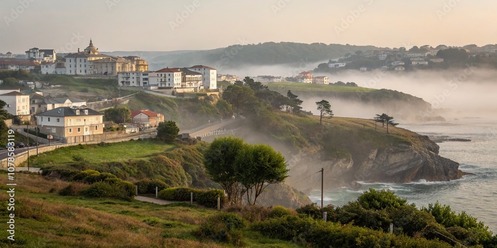 Obraz premium Serene Misty View of Ribadeo: Captivating Landscape Photography Capturing the Enchantment of a Coastal Town Shrouded in Fog, Perfect for Nature Lovers and Travel Enthusiasts