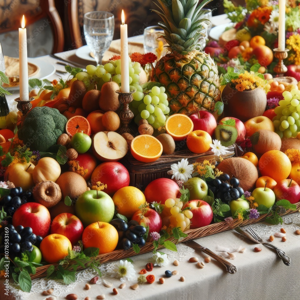Beautiful arrangement of fresh fruits and vegetables on the table, with an emphasis on bright colors and textures Beautiful arrangement of fresh fruits and vegetables on the table, with an emphasis on bright colors and textures