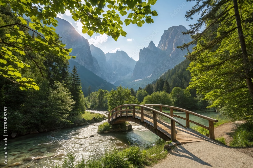 Fototapeta premium Serene Mountain Path Featuring a Small Bridge Surrounded by Lush Greenery and Majestic Peaks, Perfect for Urban Exploration Photography Enthusiasts