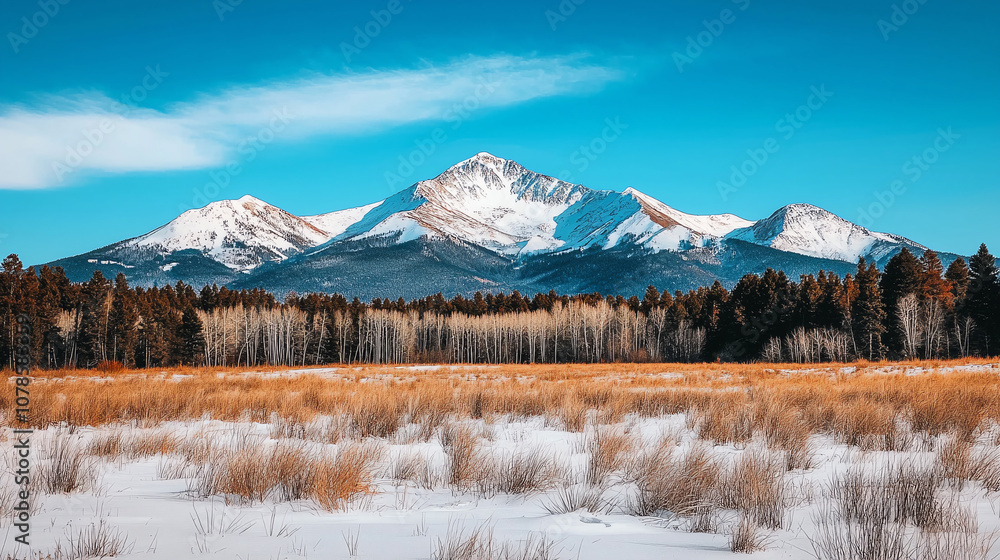 Landscape background wallpaper Majestic snow capped mountains rise under clear blue sky, surrounded by golden grassland and evergreen trees, creating serene winter landscape Landscape background wallpaper Majestic snow capped mountains rise under clear blue sky, surrounded by golden grassland and evergreen trees, creating serene winter landscape