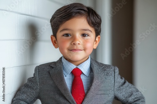 A charming 4 year old Hispanic boy showcases his charismatic personality in a miniature gray suit and bright red tie. He confidently poses with hands on hips, radiating the energy of a young businessm