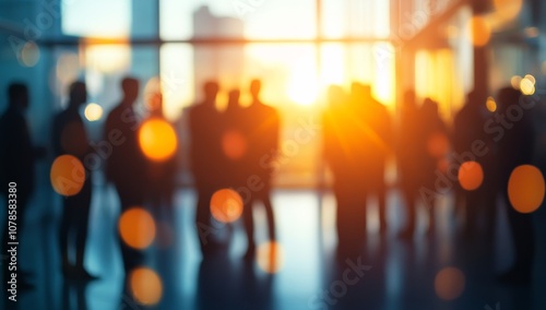 Business people silhouetted at sunset symbolize collaboration and professional growth. The image captures a vibrant urban vibe filled with dynamic interactions and the beauty of a setting sun