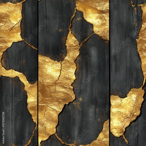 Seamless vintage wood with gold cracks pattern background