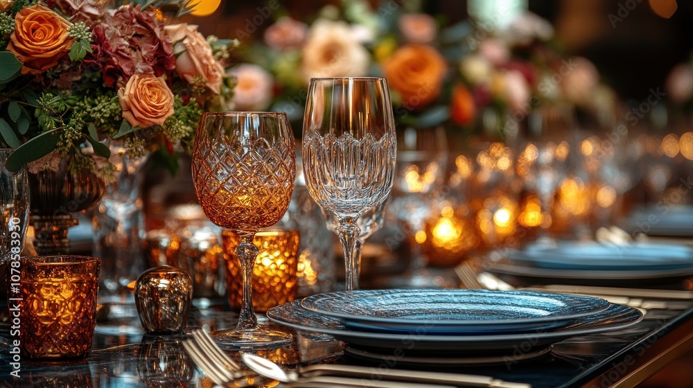 Elegant Table Setting with Crystal Glasses and Candlelight Elegant Table Setting with Crystal Glasses and Candlelight