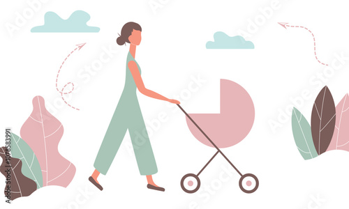 Happy mother on a walk with newborn in stroller. Woman pushing pram with child in park. Young mom with baby in pushchair isolated on white background in funky figures style. Vector illustration