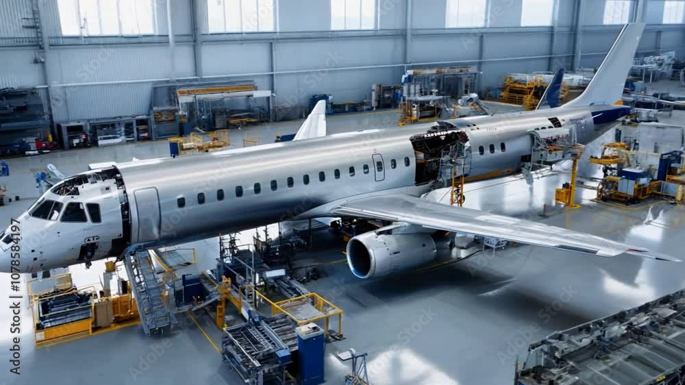 Expansive shot of a commercial jet production line, with various assembly stages, from fuselage attachment to wing and engine installation. Expansive shot of a commercial jet production line, with various assembly stages, from fuselage attachment to wing and engine installation.