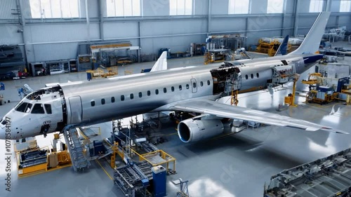 Expansive shot of a commercial jet production line, with various assembly stages, from fuselage attachment to wing and engine installation.
