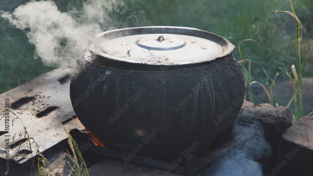 Large cooking pot simmering on a bonfire, releasing aromatic steam, creating an outdoor cooking experience Large cooking pot simmering on a bonfire, releasing aromatic steam, creating an outdoor cooking experience