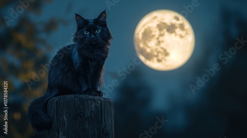 A black cat sitting proudly on a stone wall under a bright full moon at night