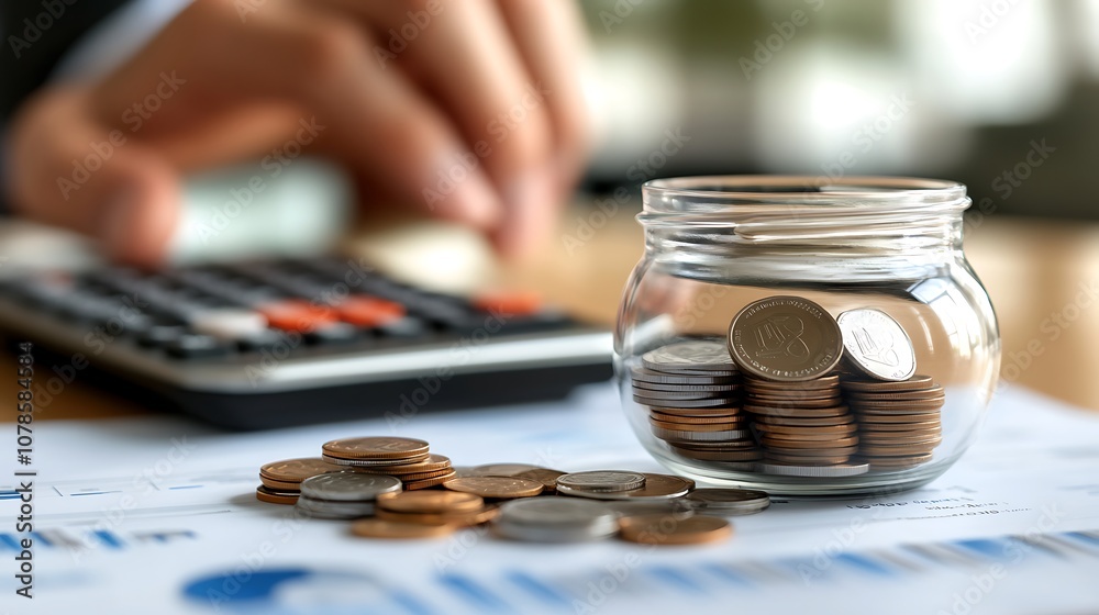 Businessman putting coins in jar on table background Businessman putting coins in jar on table background