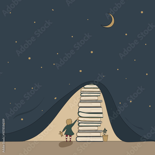 Concept:book is source of knowledge.Stack of books lifted curtain of darkness in form of night sky with moon and stars and showed light. Tiny girl ready to immerse in reading.Hand drawn raster