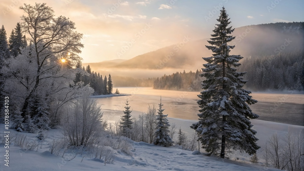 Serene Sunrise Over Frozen Lake Storsj with Fog and Spruce Trees Near Ljungdalen, Capturing the Magic of Winter's Beauty at Dawn