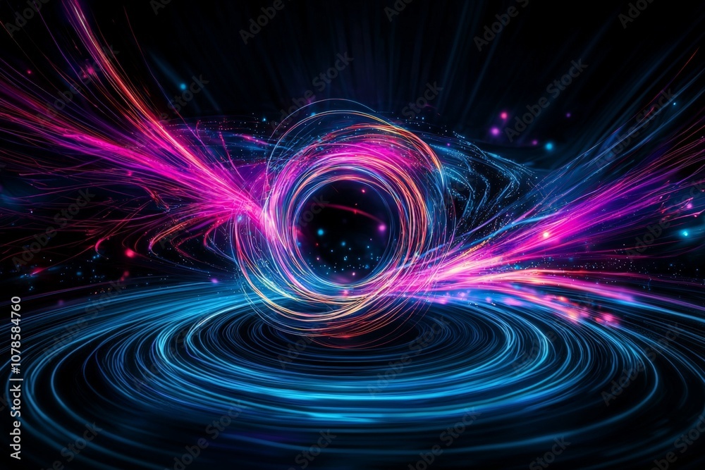 Abstract depiction of atomic structures with vibrant electron trails in a mesmerizing cosmic setting, showcasing dynamic colors and fluid motion Abstract depiction of atomic structures with vibrant electron trails in a mesmerizing cosmic setting, showcasing dynamic colors and fluid motion