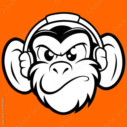DJ Affe mit Kopfhörern im minimalistischen Stil auf orangenem Hintergrund