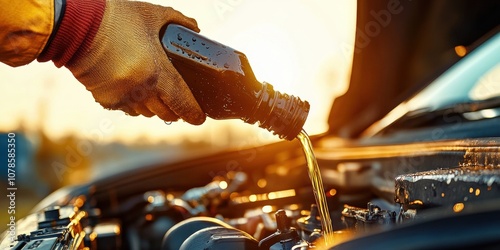 A Mechanic Pours Fresh Oil Into an Engine Under the Warm Glow of Sunset, Highlighting the Essential Maintenance for Smooth Vehicle Operation