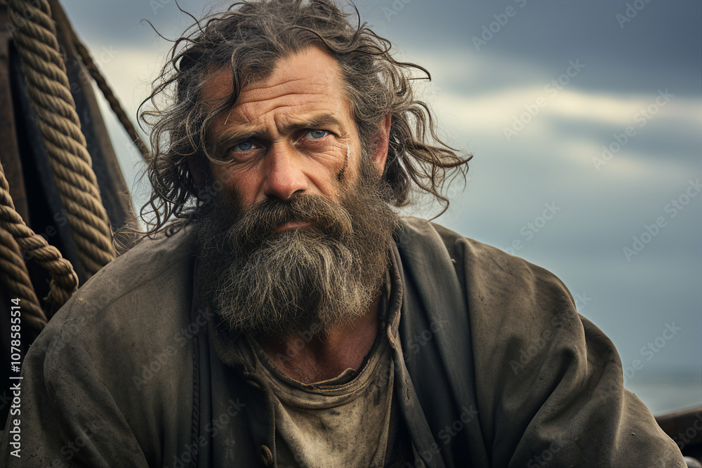 A man in dirty old clothes is sitting in a boat on a lake generative AI illustration A man in dirty old clothes is sitting in a boat on a lake generative AI illustration