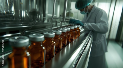 A Technician Carefully Inspects Vials Filled With Amber Liquid on a Production Line in a Pharmaceutical Clean Room During a Sterile Lab Operation