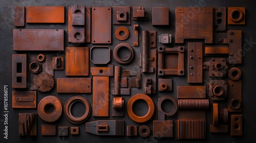 A Collection of Weathered Metal Parts Displayed with Visible Rust in an Organized Layout on a Dark Background photo