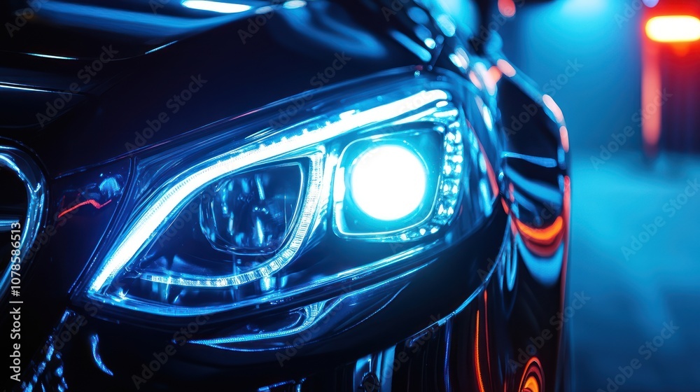 Closeup of Car Headlight Illuminated by Blue Light Closeup of Car Headlight Illuminated by Blue Light