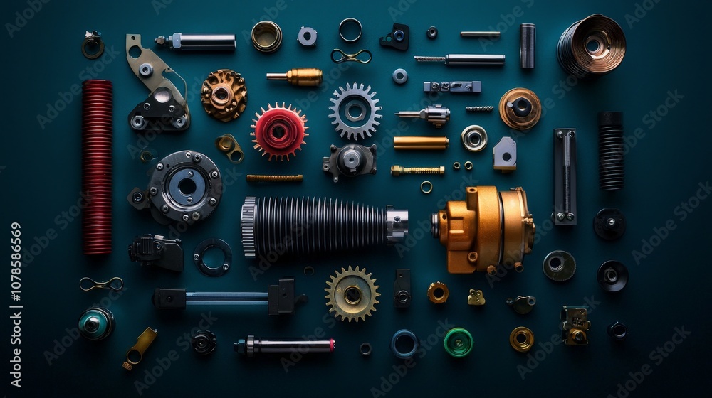 Disassembled Mechanical Parts Displayed on a Clean Surface for Standard V2 Performance Analysis and Inspection of Components and Assemblies