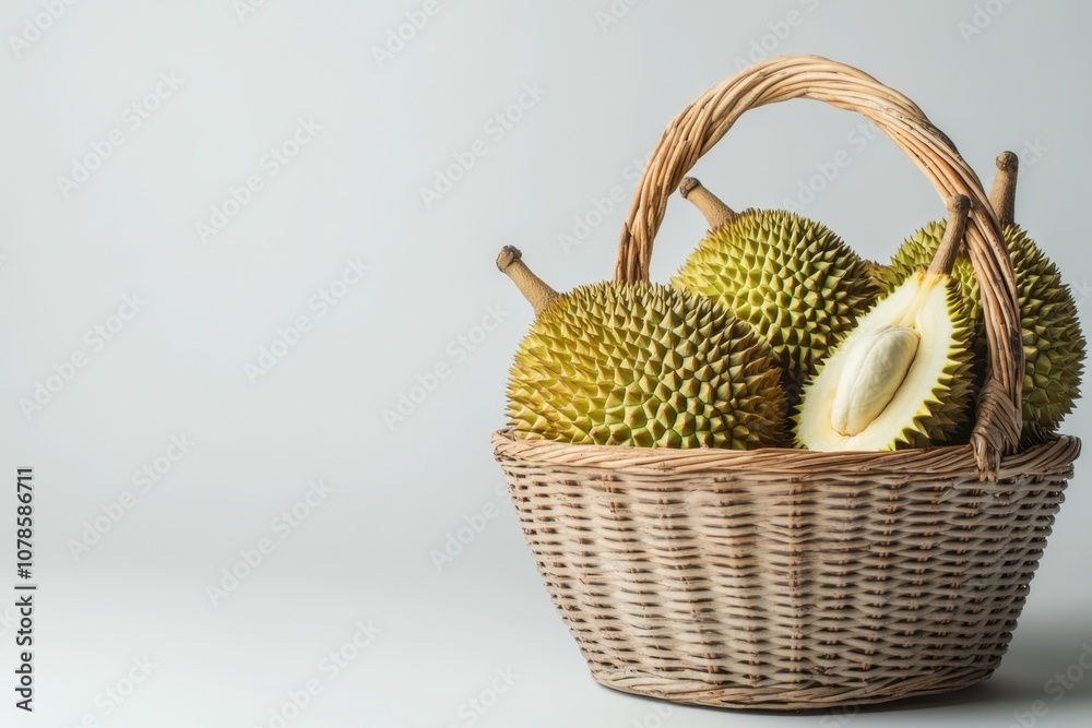 A basket filled with whole and sliced durians on a blank background with space for text, suitable for commercial use. The durians are fresh and showcase the fruit's spiky exterior and creamy interior. A basket filled with whole and sliced durians on a blank background with space for text, suitable for commercial use. The durians are fresh and showcase the fruit's spiky exterior and creamy interior.