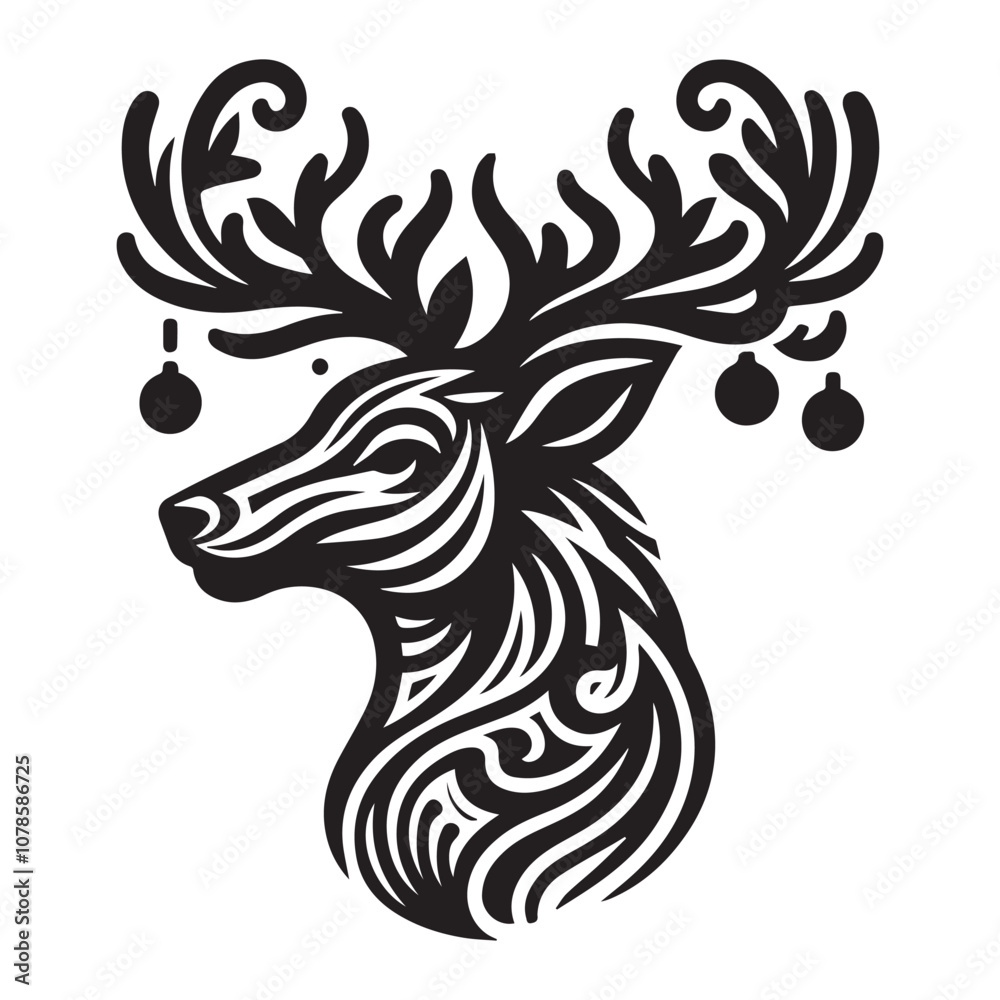 Stylish Christmas Deer Head Illustration for Holiday Designs. A striking black and white illustration of a deer head, adorned with festive Christmas foliage and ornaments. Stylish Christmas Deer Head Illustration for Holiday Designs. A striking black and white illustration of a deer head, adorned with festive Christmas foliage and ornaments.
