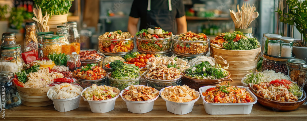 Fototapeta premium Delivery Man with Package Standing by Wooden Table in Modern Indoor Setting for E-Commerce and Logistics Use
