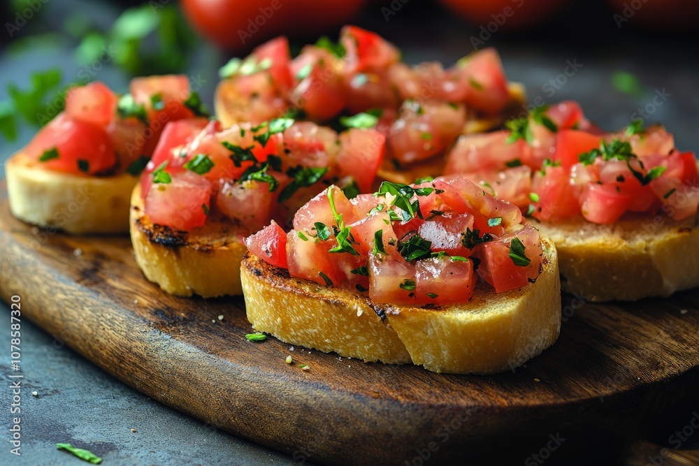 Tomato and basil bruschetta served on a wooden tray garnished with parsley to showcase texture artisanal preparation and vibrant Italian flavors Tomato and basil bruschetta served on a wooden tray garnished with parsley to showcase texture artisanal preparation and vibrant Italian flavors