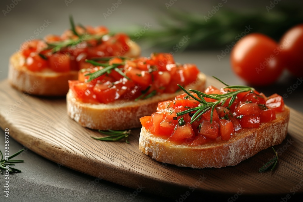 Gourmet bruschetta topped with cherry tomatoes rosemary and balsamic glaze served on a rustic oak slab to highlight artisanal preparation texture and vibrant flavors Gourmet bruschetta topped with cherry tomatoes rosemary and balsamic glaze served on a rustic oak slab to highlight artisanal preparation texture and vibrant flavors
