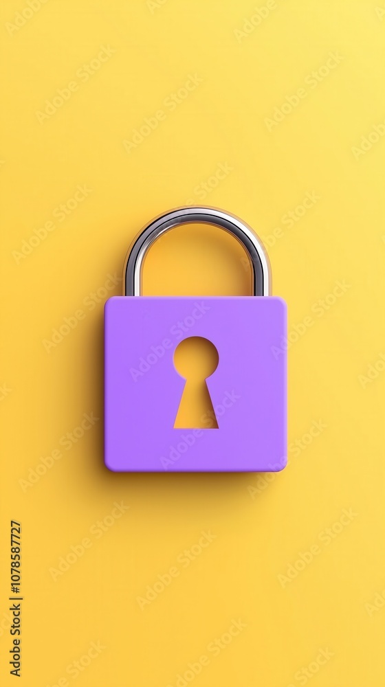 A vibrant purple padlock with a keyhole stands out against a bright yellow background, symbolizing security and protection. A vibrant purple padlock with a keyhole stands out against a bright yellow background, symbolizing security and protection.