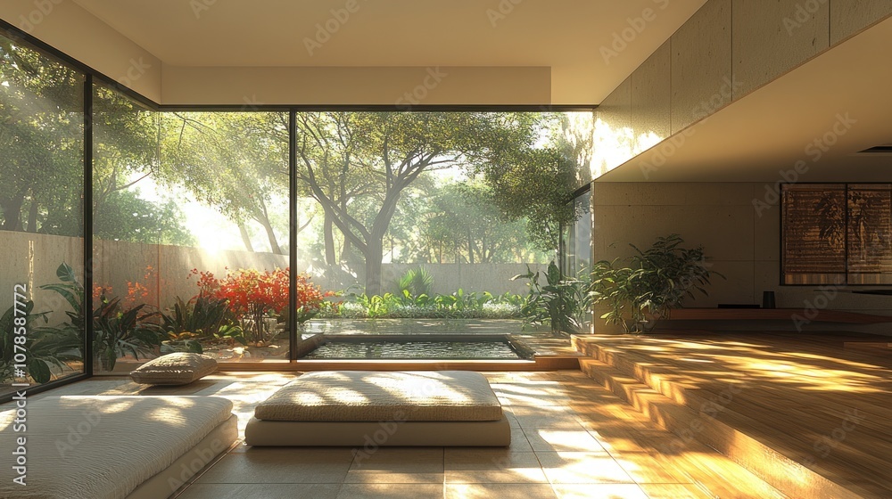 A serene interior space with large windows showcasing lush greenery. A serene interior space with large windows showcasing lush greenery.