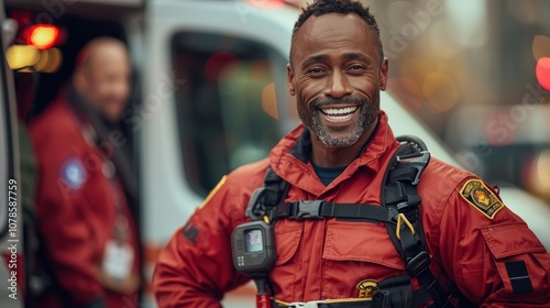 A smiling African-American paramedic in uniform standing in front of an ambulance.