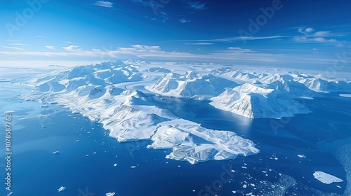 Big icebergs in the ocean. Blue sea and blue sky at dawn. Glaciers. Climate change