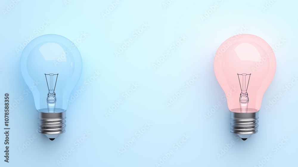 Two decorative light bulbs, one blue and one pink, on a soft blue background symbolizing creativity and innovation. Two decorative light bulbs, one blue and one pink, on a soft blue background symbolizing creativity and innovation.