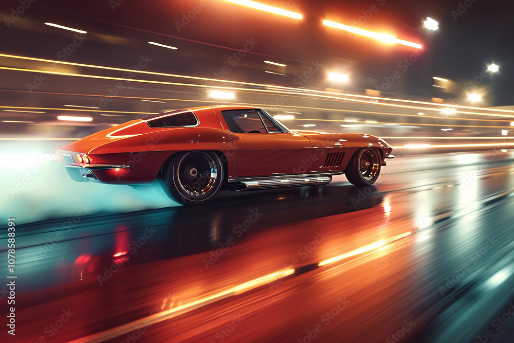 Obraz premium Muscle car engage in thrilling drag race at night with intense motion blur and vibrant lights enhancing excitement capturing essence of high octane racing under night sky