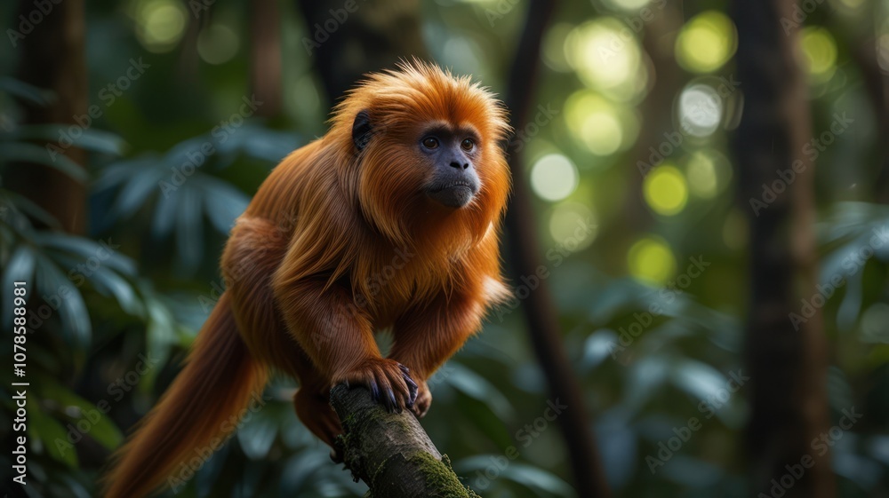 A golden lion tamarin monkey perched on a branch in a lush rainforest.