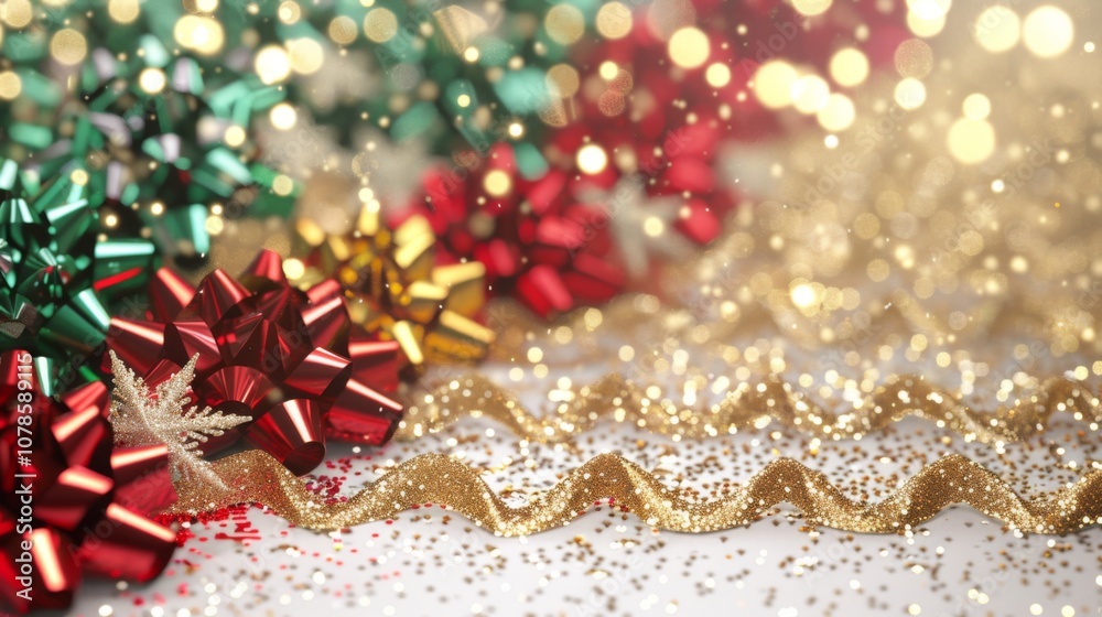 Christmas decorating backgrounds illuminate with gold glittering accents, creating an abstract glow light texture. The shimmering ornaments and festive lights capture the essence of the holiday season