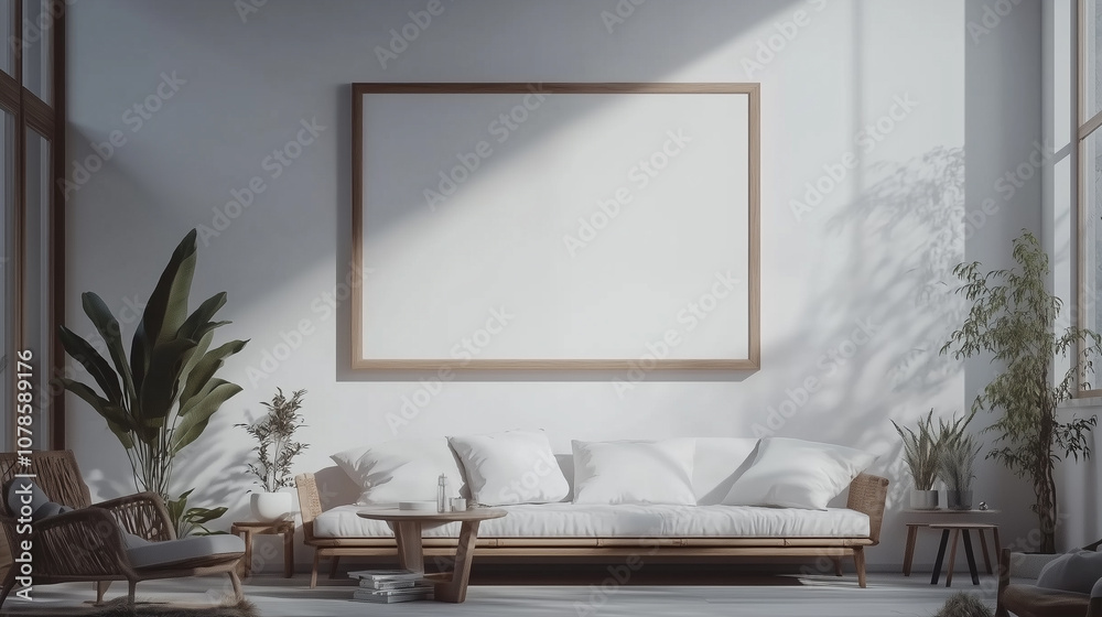 Fototapeta premium Poster Mockup im modernen Wohnzimmer – fotorealistisches 3D-Rendering für Bildplatzierung