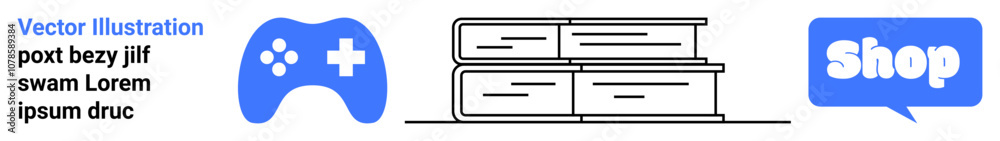 Blue game controller white cross icon stacked books black outlines speech bubble white text sample text. Ideal for education online stores gaming shopping websites promotional materials internet ads Blue game controller white cross icon stacked books black outlines speech bubble white text sample text. Ideal for education online stores gaming shopping websites promotional materials internet ads